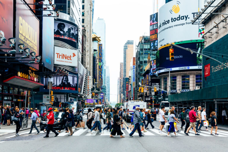 Crowds of people on the street in New York City