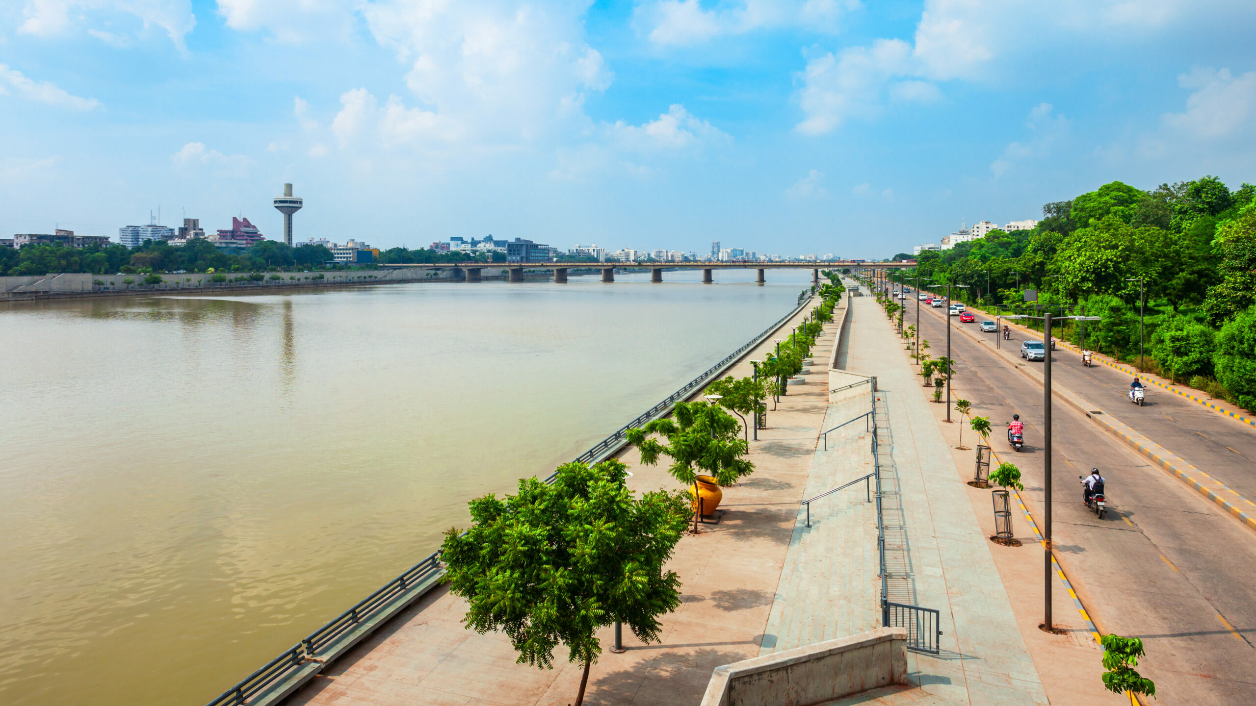 Sabarmati riverfront aerial view in the city of Ahmedabad, Gujarat state of India