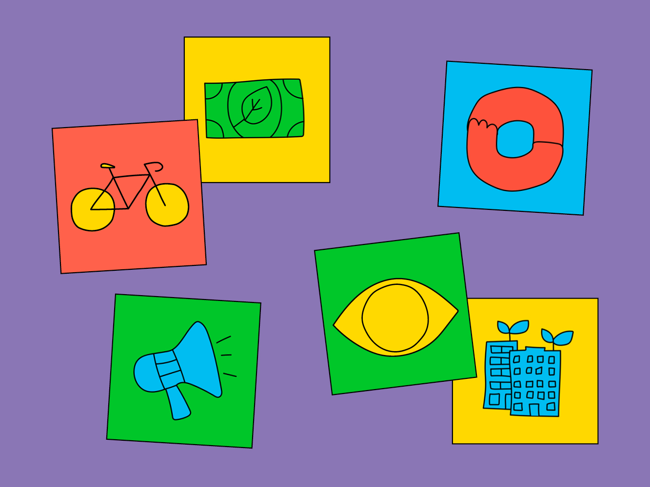 A graphic with a purple background containing icons created for the C40 World Mayors Summit. The icons include sketches of a bank note, a bike, a megaphone, a city and a symbol to represent community.