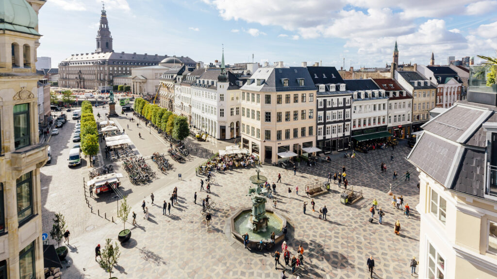 Aerial view of Copenhagen skyline and Amagertorv town square with fountain, Denmark - stock photo