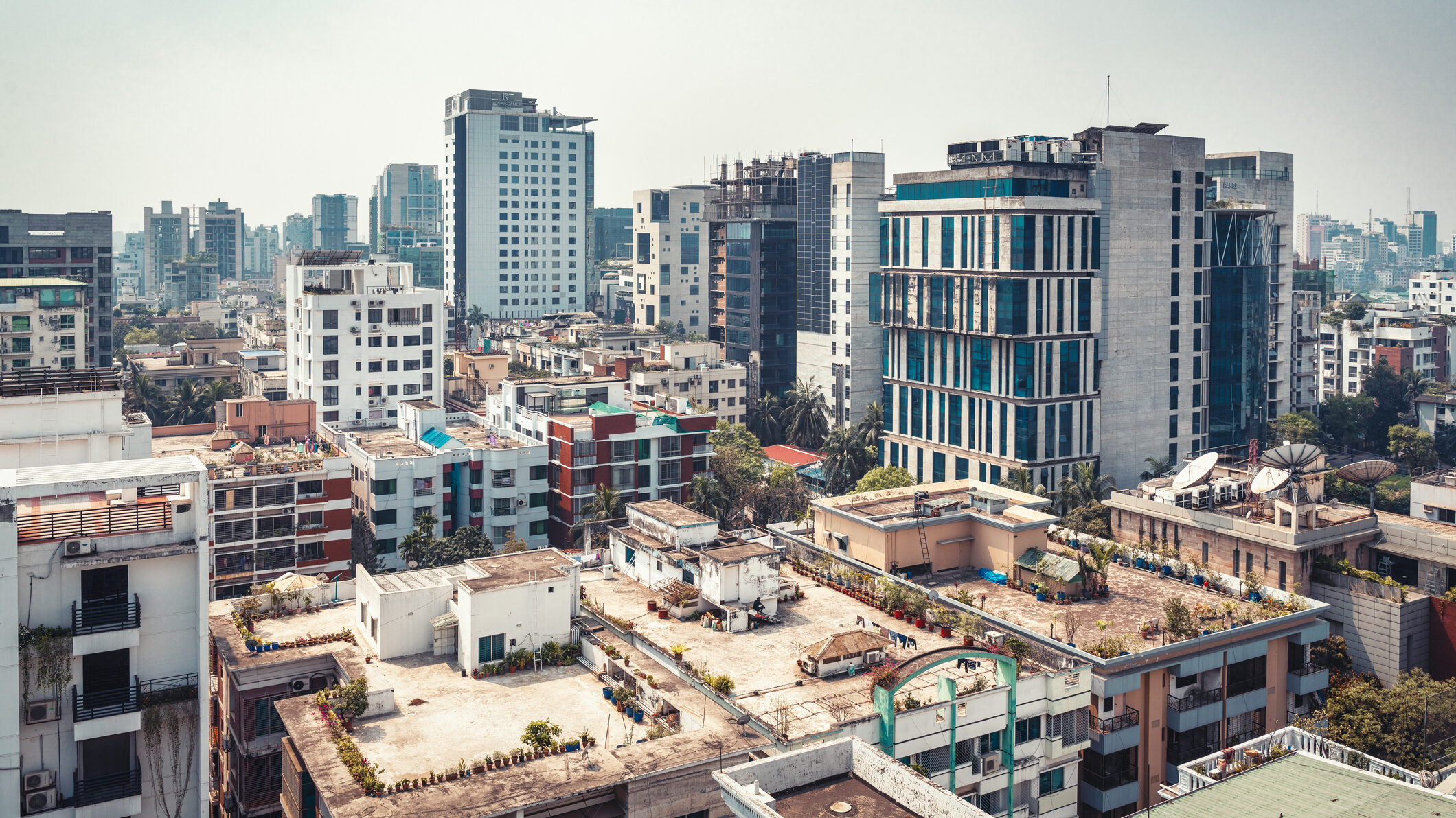 A panoramic cityscape of Dhaka, the capital city of Bangladesh. The photo was taken in the Gulshan district in Dhaka city on 01/09/2019.