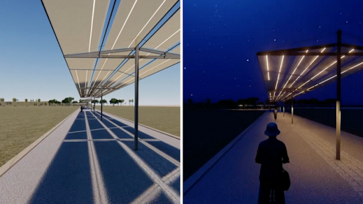 Anai Green’s Lumiweave canopies, providing shade during the day and solar-powered soft lighting at night. © Lumiweave 