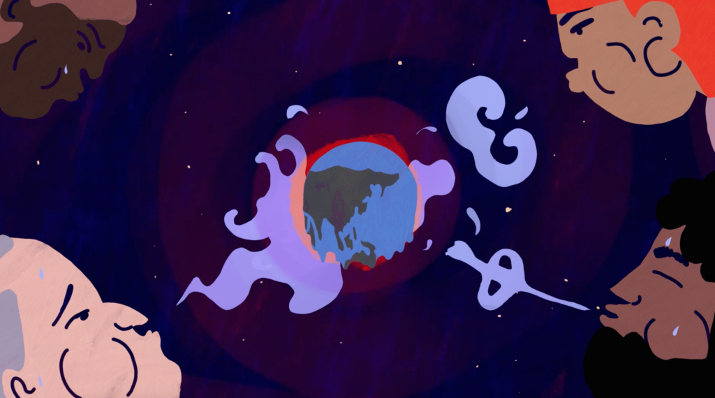 Une illustration pour le film Transforming Cities sur la fraîcheur dans un monde qui se réchauffe. L'illustration montre quatre visages soufflant de l'air frais sur une image ardente du monde. La série Transforming Cities est produite par BBC StoryWorks pour C40 Villes.