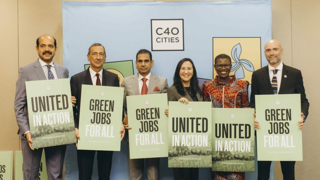 2023 New York Climate Week -Left to right-Mayor Atiqul Islam,Mayor Giuseppe Sala ,Mayor Commissioner Iqbal Singh Chahal, Mayor Josefina Belmonte, Mayor Yvonne Aki-Sawyerr and C40 exactuive director Mark Watts posing for a group photo at ‘Empowering All’ - press conference + media-Monday September 18th 2023.© Ahmed Gaber - C40