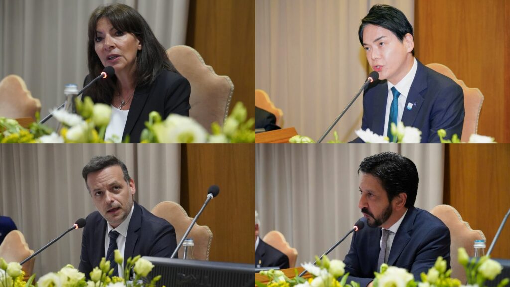 [Clockwise, from top left] The mayors of Paris, Yokohama, São Paulo and Athens address participants at the Vatican climate summit (16 May 2024)_© Gabriella C. Marino/PAS